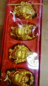 Feng Shui Gold Laughing Buddha Set Lucky Charms Display.