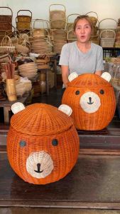 ตะกร้า หมี ถังหมา ใส่ผ้า มีฝาปิด สานจากหวายแท้ทั้งใบ ใบใหญ่ น่ารัก