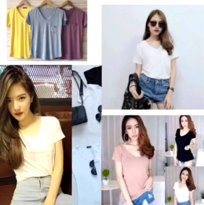 เสื้อคอวีมีกระเป๋าหน้าแขนสั้น เต็มตัว (ผ้าเรยอน) เสื้อยืดคอวี ผ้าเรย่อนเนื้อดี ใส่สวย