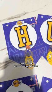 Partify Lakers Purple Theme Customizable Happy Birthday Banner with Name Personalized Letter Banner with Free String Custom Bunting Backdrop Wall Decoration for Kids Boys Girls Party