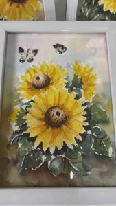 ภาพวาดดอกทานตะวัน ภาพดอกไม้ ภาพตกแต่งห้องติดผนัง ขนาด5x7 นิ้ว สีน้ำ กระดาษร้อยปอนด์ พร้อมกรอบแขวนได้ตั้งได้ แข็งแรงสวยงาม