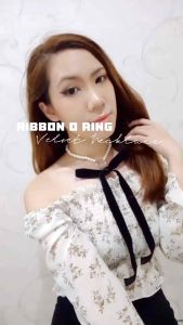 Yoona Ribbon O ring Velvet Pearl Choker Necklace Kalung Pita Bludru Bow Bowknot Mutiara