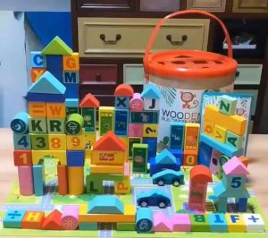 Kids Wooden Building Blocks Sets บล็อกไม้ 100 ชิ้น ตัวต่อไม้ สอนคำศัพท์ บวก ลบ คูณ หาร BB-3621