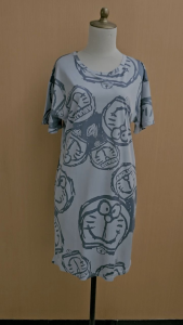 midi dress wanita biru muda pastel motif kepala doraemon L cewek lengan pendek homedress santai