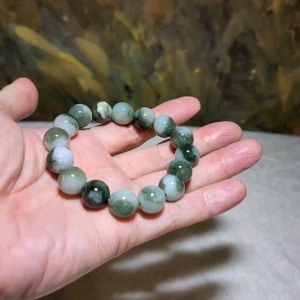 13mm Natural untreated Burma Jade (Type A Jadeite) light green "floating flowers" bracelet (with certificate)