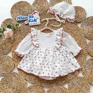 Body Váy Hoạ Tiết Quả Cherry Đỏ Chất Muslin Cao Cấp Cho Bé Gái 3 Đến 12kg - A445