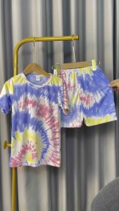 ชุดเด็ก ลายมัดย้อม ลายสงกรานต์ แขนสั้นขาสั้น ผ้าไมโคร นิ่มบางเบาใส่สบายสีสดซักง่ายสีไม่ตก(ส+ส)มัดย้อมสีอ่อน