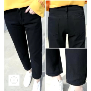 Wanita Seluar Denim Pinggang Tinggi Women High Waist Denim Pants Straight Button Comfortable Stretch Plus Size Baggy CL