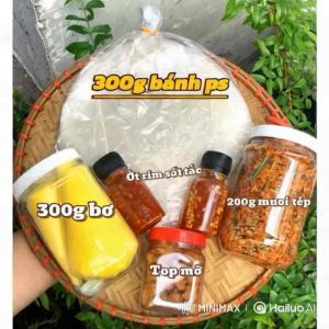 Set Bánh Tráng Phơi Sương Top Mở Muối Tép Hành Siêu Bo sốt tắc+ớt rim -300g Bánh tráng phơi sương