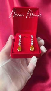 Neew Moon | [พร้อมส่ง +กล่อง] เงินแท้ 925 ต่างหูทรงยาวทรงหยดน้ำเพทายสีเหลือง หรูหรา แฟชั่น