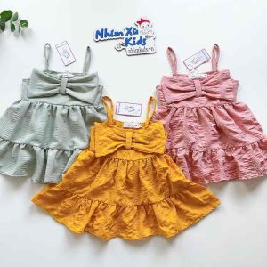 Váy Đũi Xốp 2 Dây Bé Gái 4 Đến 28kg Phối Nơ Bản To Xinh Xắn - V071