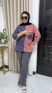 Atasan Wanita Oval Kombinasi Jahitan Luar Pakaian Wanita Oval Lengan Panjang