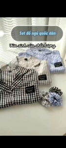 Bộ đùi pyjama kẻ xốp cổ vét.