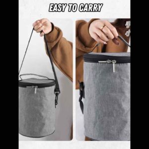 Ready Stock KL Insulated Thermal Cooler Lunch Bag with Aluminium Foil Insulation for Picnic & Food Storage. Grey cylindrical bag with black zipper and straps. Suitable for picnics and food storage.