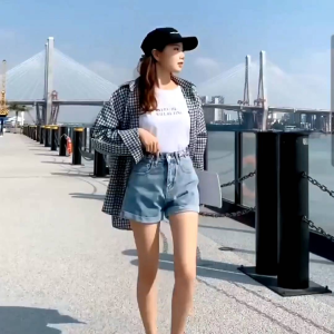 High-Waisted Denim A-LIne Jean Shorts Adjustable Waistband Cuffed Hem