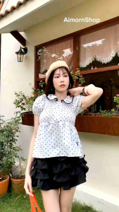 AimornShopp เสื้อแขนตุ๊กตา คอปกบัวเดินขอบขาวน่ารักๆ สม็อคช่วงเอวปลายระบาย ทรงสวยมาก งานลายจุดสุดฮิต
