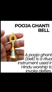 Gold Pooja Ghanti Bell with decorative handle and silver base for Hindu worship rituals.