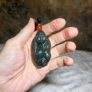 Premium Nephrite blue green good greasiness 3 dimensional Laughing Buddha handheld large Jade pendant (with certificate)