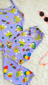 Care Bears pajama set for children with colorful cartoon bear and rainbow print. White cotton fabric. Sleeveless top and shorts. Casual sleepwear.