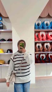 FEBIOLA KNITS SWEATER RAJUT TANGAN BALON WANITA LENGAN PANJANG MOTIF STRIPPE