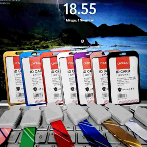 Tempat Id Card Aluminium + Tali Lanyard Tarik Motif Salur Holder Alumunium Vertikal