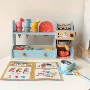 Wooden Ice Cream and Coffee Counter Pretend Play Wooden Toys Stimulated Coffee machine kids