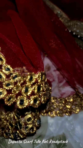 Dupatta Scarf For Women With Lace and Gold Borders and Mirror Works