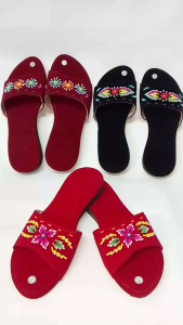 Womens Flat Slippers Beaded Strap Gamosa Maroon Black Red