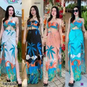 ชุดเที่ยวทะเล เสื้อเกาะอก สายคล้องคอ รูดอก ผ้าไหมอิตาลี่พิมพ์ลายกราฟฟิก กางเกงกระโปรงยาว ชุด 2 ชิ้น