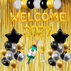 2027 Welcome Happy New Year Party Decoration Set with Star Wine&Glass Balloons