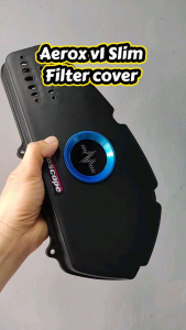 Slim type Air filter cover for Aerox v1 and Lexi 2017-2020 motorcycle models. Black with orange accent. Automotive motorcycle accessory.