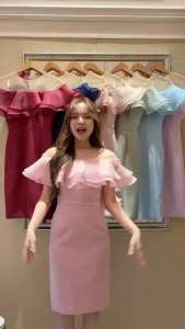 ชุดเดรส ชุดออกงาน ชุดราตรี FP057 เกรดพรีเมี่ยม เดรสสั้นคอตาข่าย แต่งผ้าแก้ว