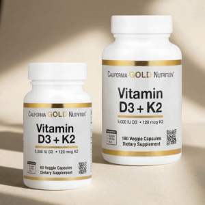 California Gold Nutrition Vitamin D3 + K2 5000 IU D3 + 120 mcg K2 180 Veggie Capsules Dietary Supplement