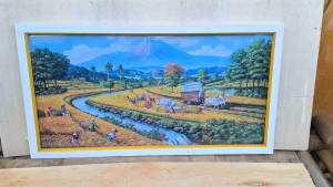 Hiasan dinding lukisan cetak Pemandangan Panen Raya indah plus bingkai uk 100x50cm