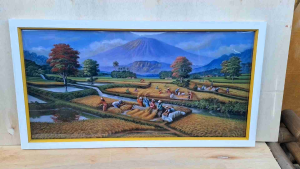 Hiasan dinding lukisan cetak Pemandangan Panen Raya indah plus bingkai uk 100x50cm