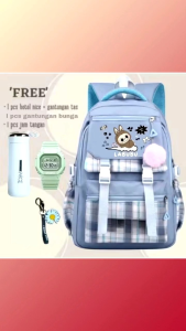 Tas Labubu anak perempuan tas sekolah SD SMP karakter labubu viral free jam tangan botol minum gantungan pompom gantungan tas bunga tas ransel