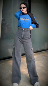 Celana Jeans Cargo Wanita high waist Celana Panjang Jeans Wanita Korean Style