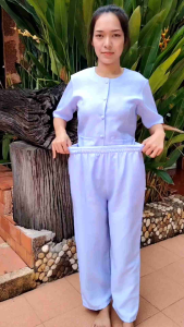 ชุดขาวแขนสั้นกางกงเอวยืด​ผ้าโซล่อน