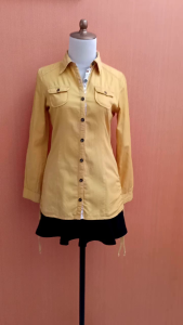 atasan kemeja wanita kuning mustard EXIT cewek S M lengan panjang MEWAH kerja kuliah serut samping