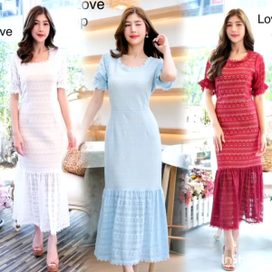 เดรสฟ้ารับวันแม่!!! M-4XL Maxi Dress เดรสลูกไม้สีฟ้าผ้าฉลุลายชายหางปลา งานป้าย Love love