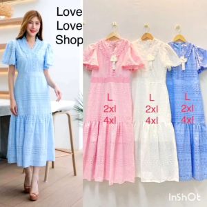 เดรสฟ้ารับวันแม่!!! L-4XL Maxi Dress เดรสสีฟ้าผ้าฉลุลายแขนระบาย งานป้าย Love love