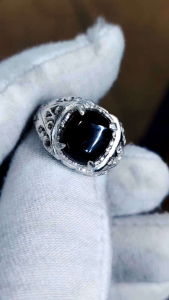 Cincin Akik Yaman Hitam asli silver kerawang tebal