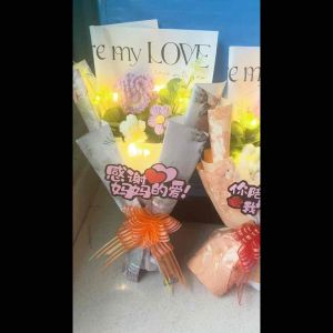 Mother’s Day Knitted Carnation Rose Bouquet with LED Light and Gift Bag