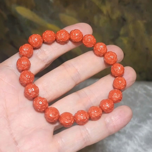 9.8mm purest natural Cinnabar high relief carvings in Sanskrit language "Om Mani Padme Hum" Mantra bracelet 9.8毫米原矿朱砂高浮雕古梵文六字真言(六字大明咒)手链