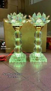 [ PL 30 Giá một cặp] Bộ 2 Đèn Hoa Sen Pha Lê Nguyên Khối Để Bàn Thờ Phật Đèn Hoa Sen Đèn Thờ Cúng Cao 27cm