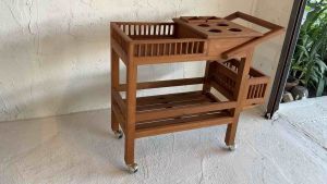 (ประกอบแล้ว) รถเข็นเครื่องดื่ม ใส่เครื่องดื่ม อาหาร ไม้สักแท้ 2 ชั้น 2 สี 85x80x40cm ล้อหมุน 360 บาร์ไม้สัก บาร์เครื่องดื่ม Trolley Teak Mobile Bar