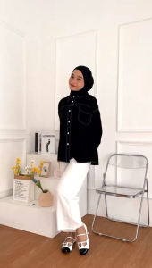 ATASAN WANITA KEMEJA KANTONG 2 Pouch LINEN PREMIUM LENGAN PANJANG