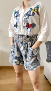 ●ECLAIRE● 0IS Kemeja Katun Aplikasi Bordir Jahit Lengan Panjang Longsleeves Kupu-kupu Butterfly Kasual Kerja Basic Santai Kantor