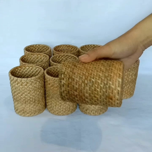 Tissue Holder/ Table and Desktop Pen Holder Woven Rattan Cylindrical Shape 3 inches diameter x 4 inches height in Rustic Finish