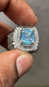 Cincin batu Natural Maxixe Beryl Batu Maxix beryl aquamarine beryl maxixe beryl ring Perak Microsetting